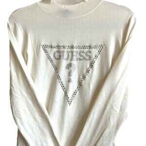 VTG 90s y2k Guess studded sweater Logo Turtleneck Large Rhinestones Studs cream